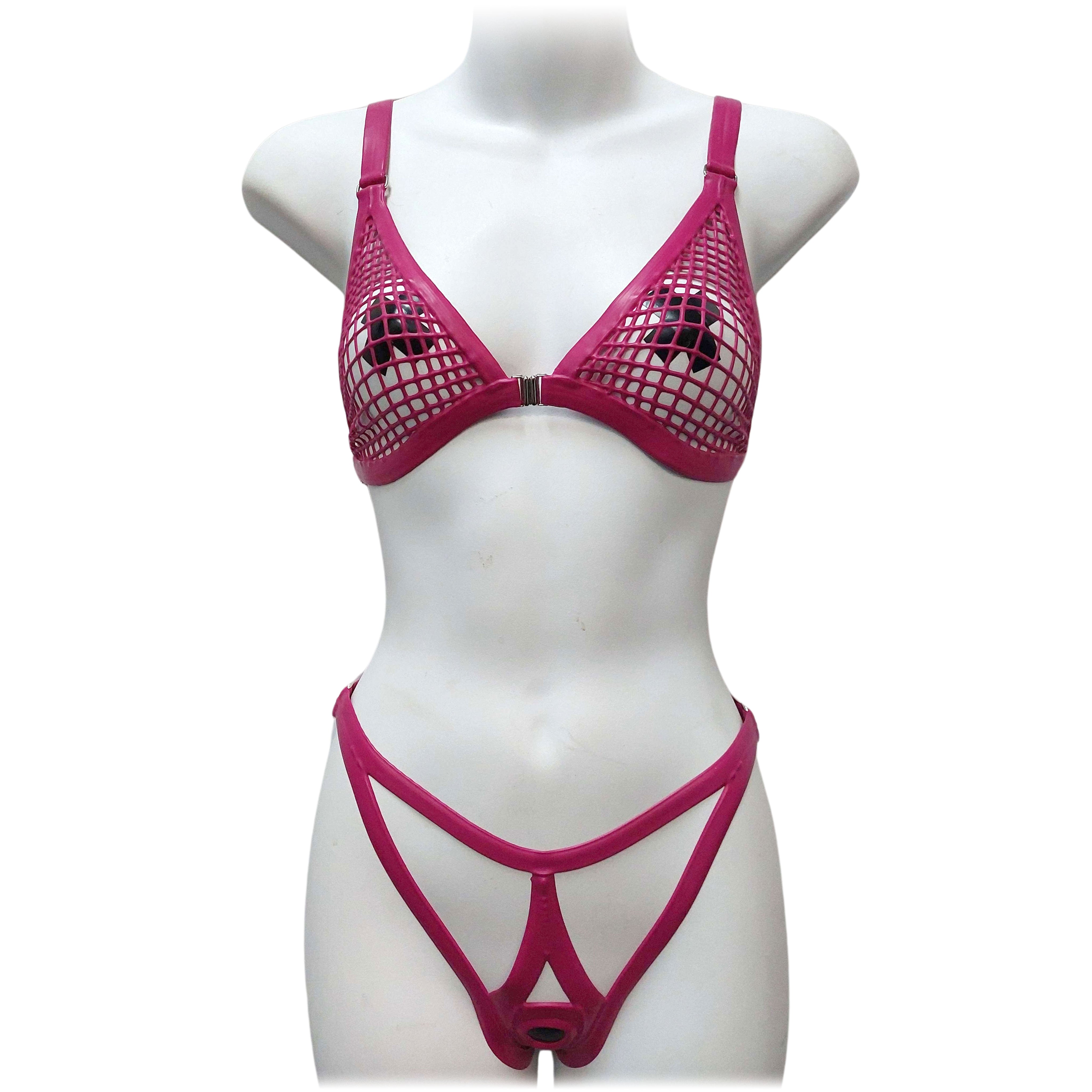 Latex Fishnet Strappy Bikini Top & Strappy G-string Set