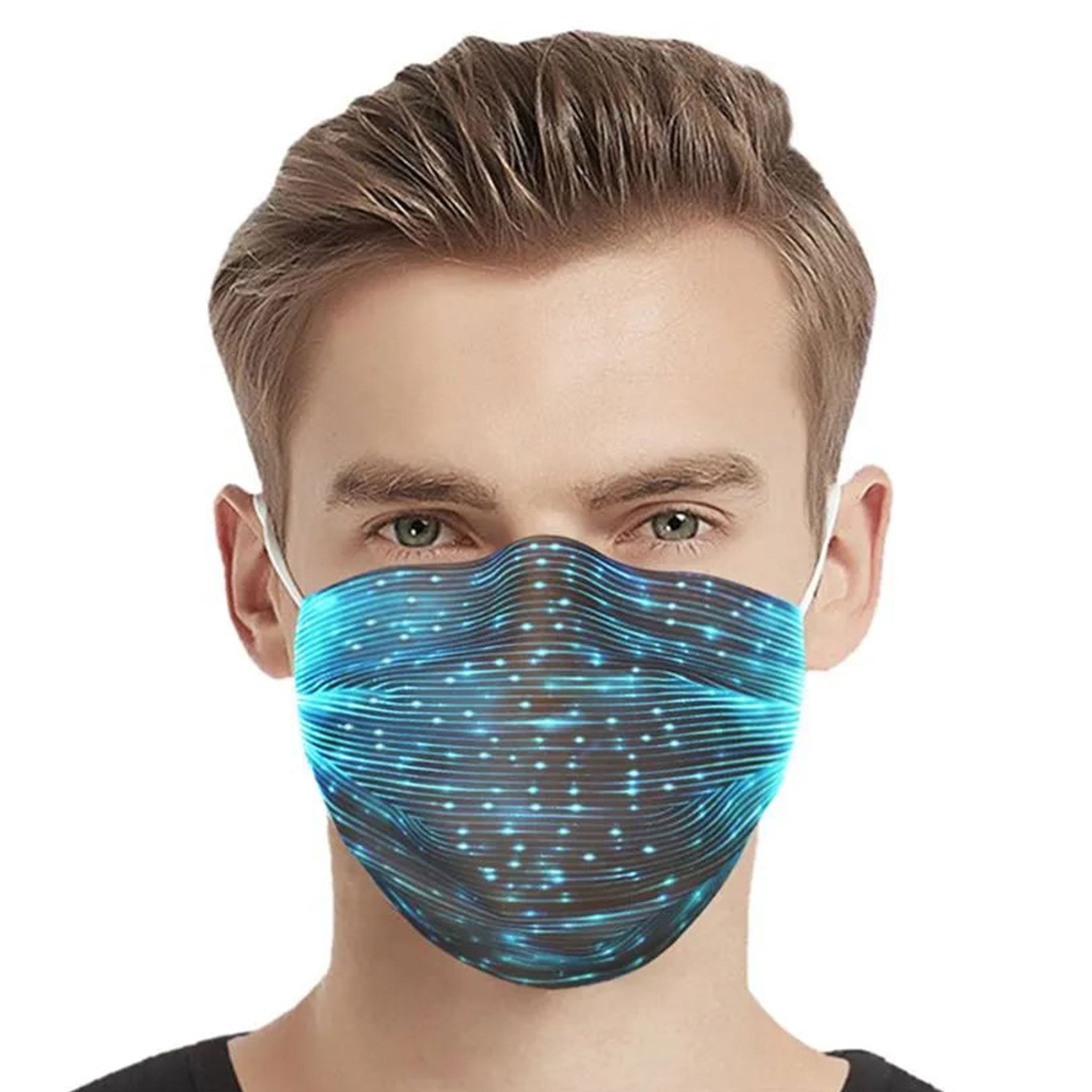 Optical-fiber polyester cotton accessories mask face-mask fabric-mask surgical-mask air-pollution PM2.5 filter LED LED-lights fiberoptic fiber-optic light-up lightup glow-in-the-dark USB-rechargeable adjustable earloops ear-loops luminous fetish fashion alt-fashion cyber cyberpunk cyber-punk punk party rave ravewear festival bondage bdsm bdsm-toys kink kinky kinky-play costume cosplay halloween masquerade unisex white