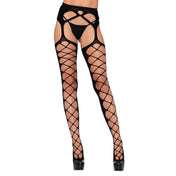 Diamond net opaque stocking attached garter belt opaque black