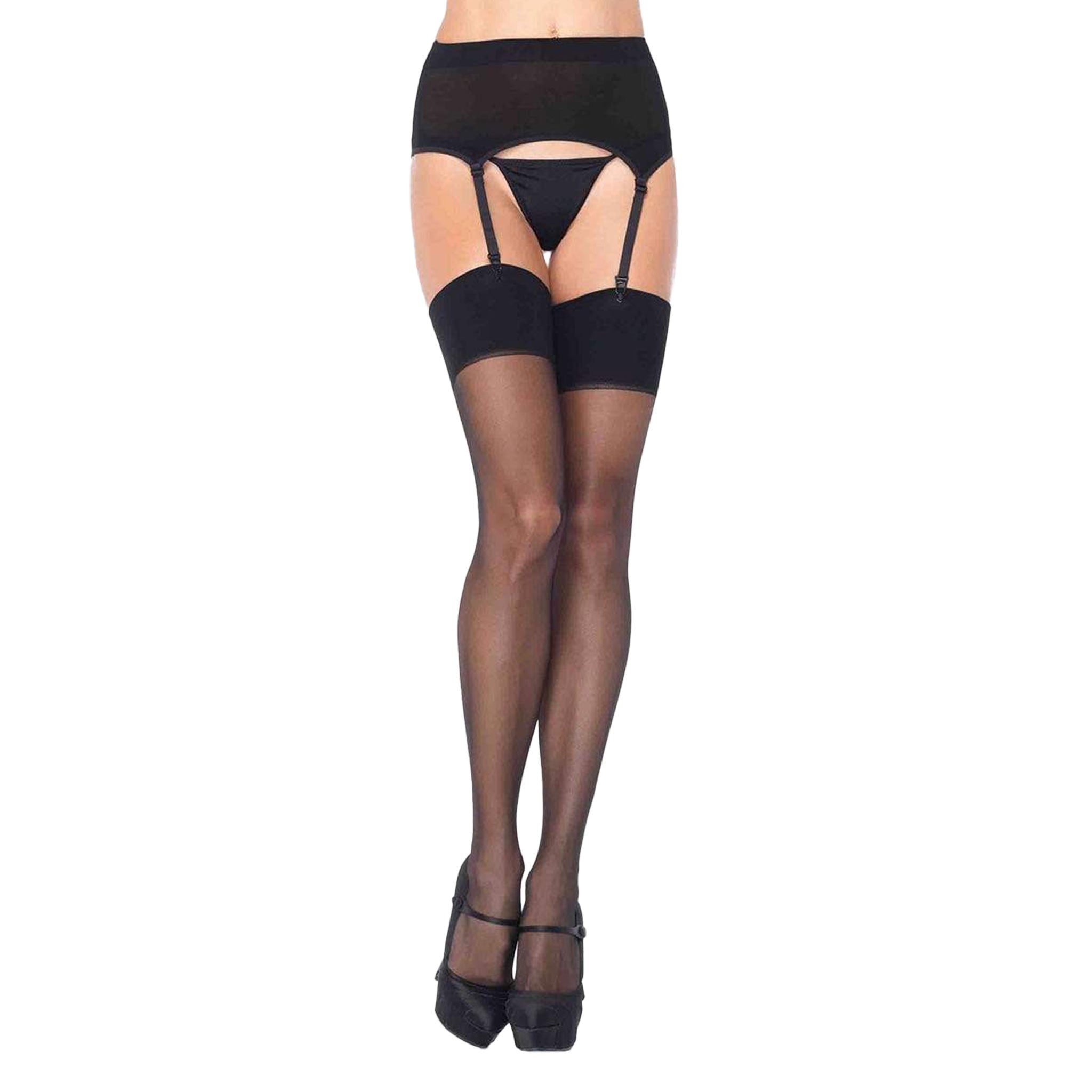 Spandex micro-net sheer stockings garter belt 2-piece two-piece set reinforced toe perfect fit black