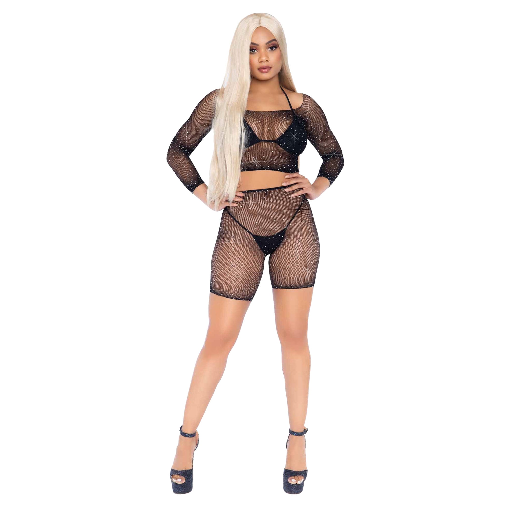 Fishnet long sleeve crop top biker shorts outfit set sparkling rhinestone detail