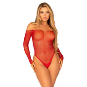 Crystallized hand-laid rhinestone long sleeve fishnet bodysuit snap-button crotch red