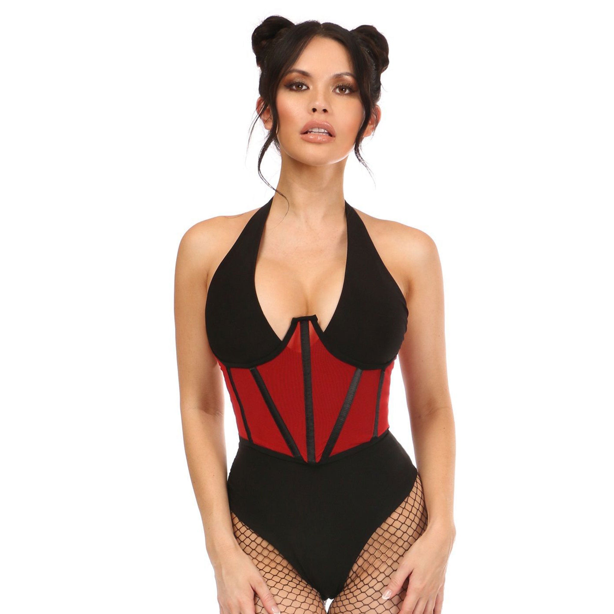 Mesh cincher corset waist open cup underwire bones boning plastic red black