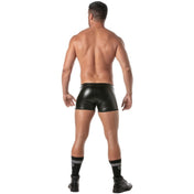Black faux leather lace-up boxer shorts with a wetlook finish, front laces, and removable front flap.
