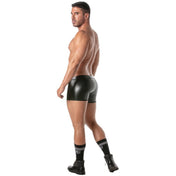 Black faux leather lace-up boxer shorts with a wetlook finish, front laces, and removable front flap.
