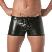 Leather faux-leather wetlook polyester polyurethane apparel bottoms intimates underwear shorts boxer boxer-shorts crotch-pouch pouch laceup lace-up long-fit wetlook-finish front-laces removable-flap front-flap bold stylish sensual sensuality shiny customizable fetish fashion alt-fashion fetishwear bondage bdsm bdsm-wear kink kinky kinky-play kinkwear male masculine masc mens menswear guys dudes gay lgbtq black