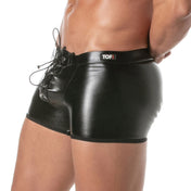 Leather faux-leather wetlook polyester polyurethane apparel bottoms intimates underwear shorts boxer boxer-shorts crotch-pouch pouch laceup lace-up long-fit wetlook-finish front-laces removable-flap front-flap bold stylish sensual sensuality shiny customizable fetish fashion alt-fashion fetishwear bondage bdsm bdsm-wear kink kinky kinky-play kinkwear male masculine masc mens menswear guys dudes gay lgbtq black