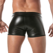 Leather faux-leather wetlook polyester polyurethane apparel bottoms intimates underwear shorts boxer boxer-shorts crotch-pouch pouch laceup lace-up long-fit wetlook-finish front-laces removable-flap front-flap bold stylish sensual sensuality shiny customizable fetish fashion alt-fashion fetishwear bondage bdsm bdsm-wear kink kinky kinky-play kinkwear male masculine masc mens menswear guys dudes gay lgbtq black