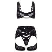 Mesh sheer see-thru see-through scalloped-lace lace-trim apparel intimates lingerie lingerie-set 3pc 3-piece three-piece bra shelf-bra unlined under-wire underwire swanhook-closure swan-hook double-swanhook panty panties g-string thong cut-out cutout garter garter-belt garter-stays adjustable wide-straps daring stunning adventurous sultry sexy stretchy breathable fetish fashion alt-fashion bedroom kink kinky kink-wear costume cosplay female femme feminine womens black