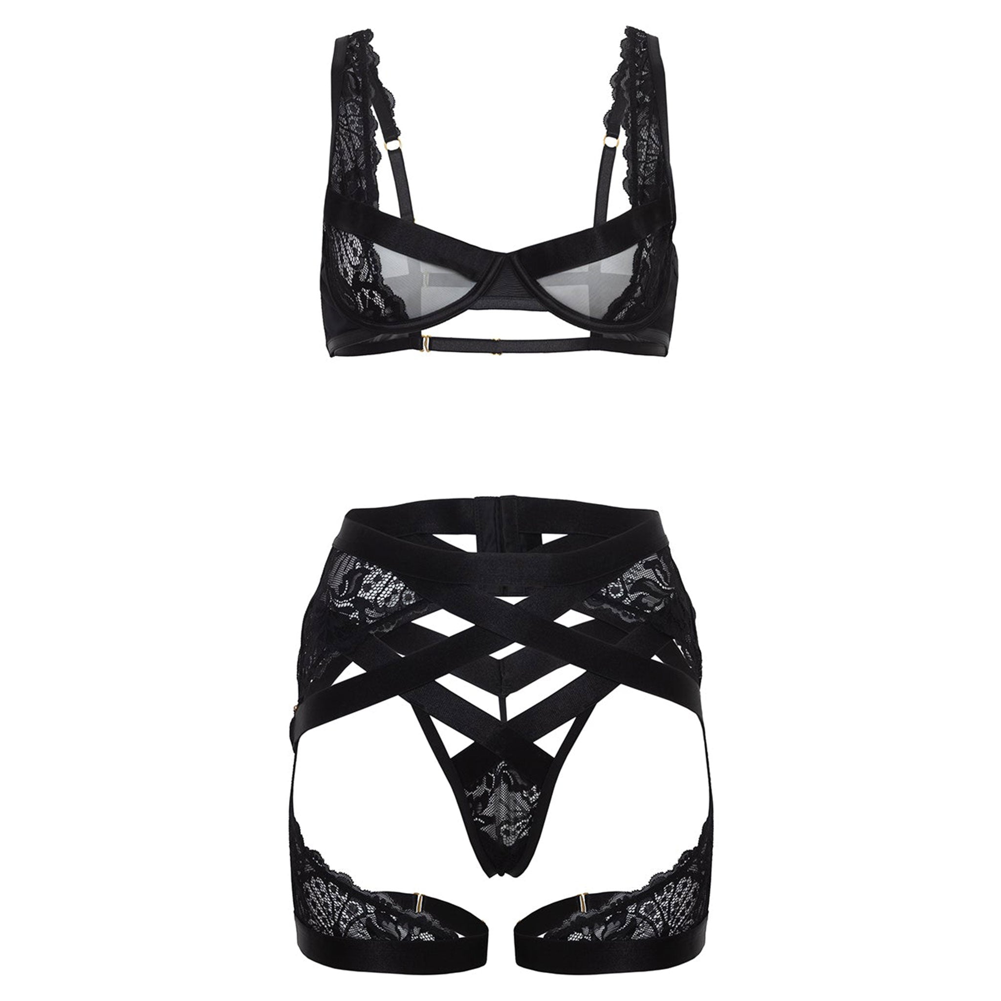 Mesh sheer see-thru see-through scalloped-lace lace-trim apparel intimates lingerie lingerie-set 3pc 3-piece three-piece bra shelf-bra unlined under-wire underwire swanhook-closure swan-hook double-swanhook panty panties g-string thong cut-out cutout garter garter-belt garter-stays adjustable wide-straps daring stunning adventurous sultry sexy stretchy breathable fetish fashion alt-fashion bedroom kink kinky kink-wear costume cosplay female femme feminine womens black