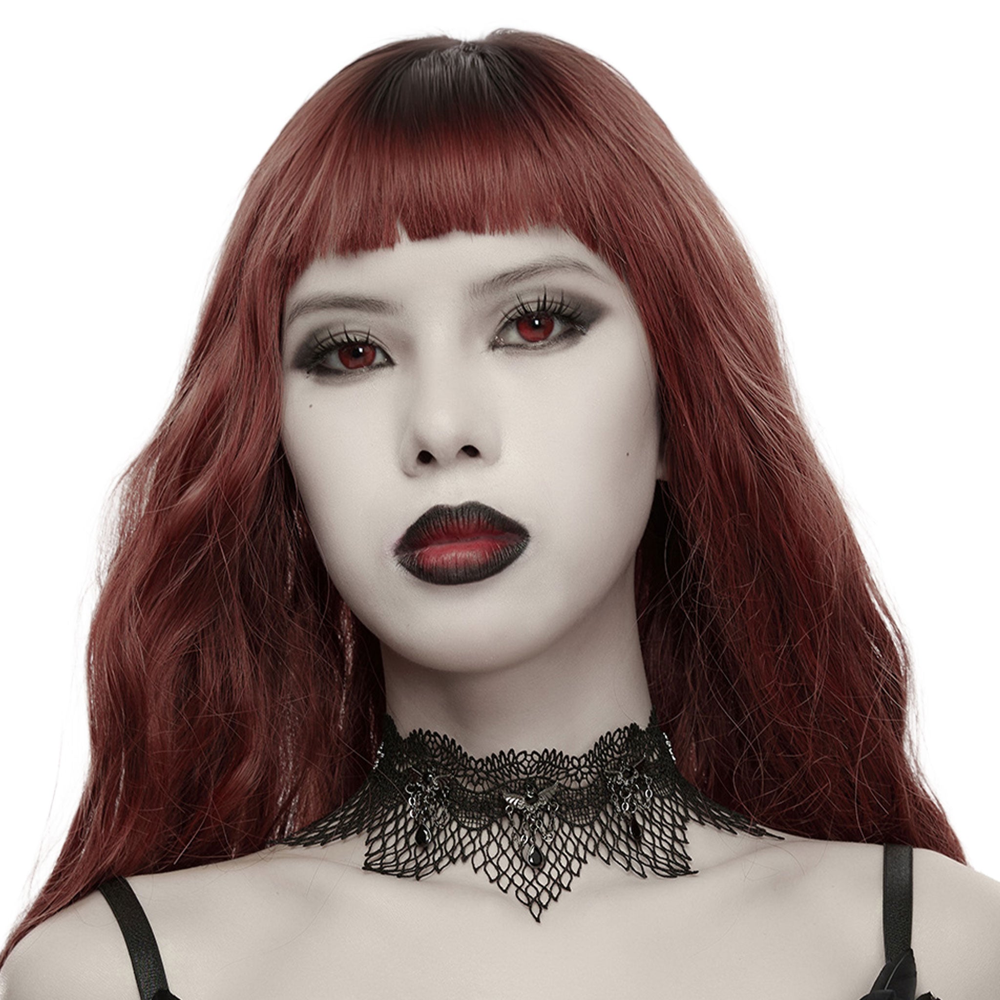 Polyester lace acrylic hanging-chains accessories neck-wear jewelry necklace choker winged bat-wing acrylic-gemstone hollow-netting layered leafy elegant wavy-edge triangular droplet-lace droplet-charm adjustable lobster-clasp fashion dark-fashion punk goth gothic victorian steampunk afterdark-collection gifts female femme feminine womens black