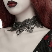 Polyester lace acrylic hanging-chains accessories neck-wear jewelry necklace choker winged bat-wing acrylic-gemstone hollow-netting layered leafy elegant wavy-edge triangular droplet-lace droplet-charm adjustable lobster-clasp fashion dark-fashion punk goth gothic victorian steampunk afterdark-collection gifts female femme feminine womens black