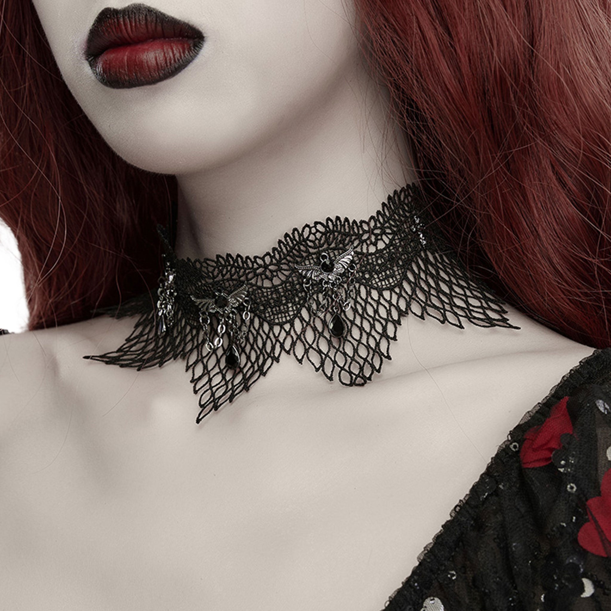 Polyester lace acrylic hanging-chains accessories neck-wear jewelry necklace choker winged bat-wing acrylic-gemstone hollow-netting layered leafy elegant wavy-edge triangular droplet-lace droplet-charm adjustable lobster-clasp fashion dark-fashion punk goth gothic victorian steampunk afterdark-collection gifts female femme feminine womens black