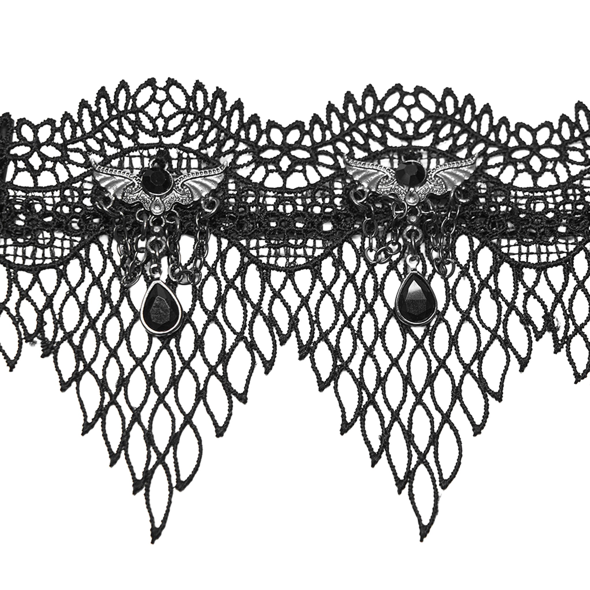 Polyester lace acrylic hanging-chains accessories neck-wear jewelry necklace choker winged bat-wing acrylic-gemstone hollow-netting layered leafy elegant wavy-edge triangular droplet-lace droplet-charm adjustable lobster-clasp fashion dark-fashion punk goth gothic victorian steampunk afterdark-collection gifts female femme feminine womens black