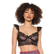 Black lace bralette, scalloped lace, ruffled straps, adjustable fit.