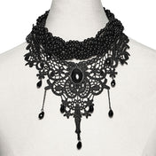 Polyester lace metallic-alloy alloy-chain resin-beads resin-gemstones imitation-gemstones accessories neck-wear jewelry necklace choker adjustable lobster-clasp glamorous fetish fashion alt-fashion alternative goth gothic elegant costume cosplay halloween halloween-accessories afterdark-collection female femme feminine womens black