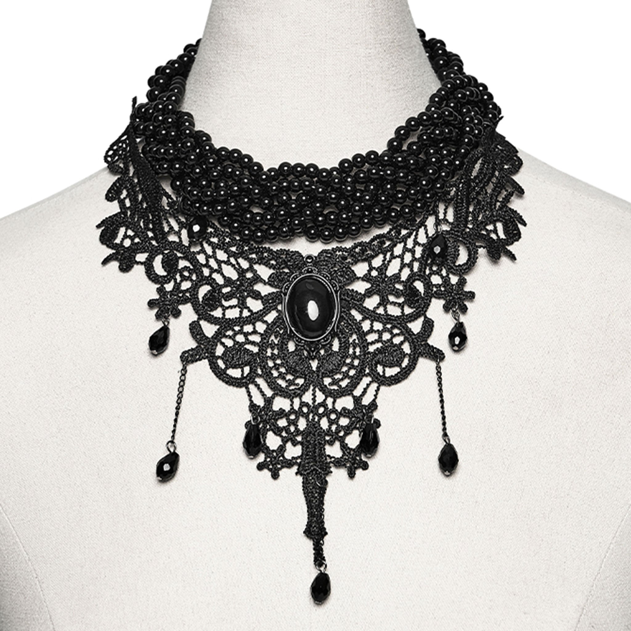 Polyester lace metallic-alloy alloy-chain resin-beads resin-gemstones imitation-gemstones accessories neck-wear jewelry necklace choker adjustable lobster-clasp glamorous fetish fashion alt-fashion alternative goth gothic elegant costume cosplay halloween halloween-accessories afterdark-collection female femme feminine womens black