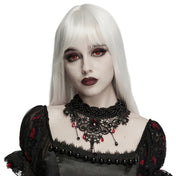 Polyester lace metallic-alloy alloy-chain resin-beads resin-gemstones imitation-gemstones accessories neck-wear jewelry necklace choker adjustable lobster-clasp glamorous fetish fashion alt-fashion alternative goth gothic elegant costume cosplay halloween halloween-accessories afterdark-collection female femme feminine womens black-red