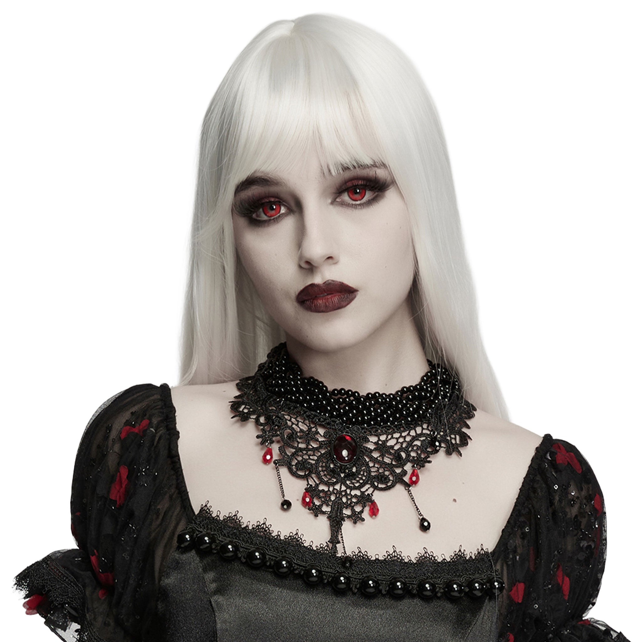 Polyester lace metallic-alloy alloy-chain resin-beads resin-gemstones imitation-gemstones accessories neck-wear jewelry necklace choker adjustable lobster-clasp glamorous fetish fashion alt-fashion alternative goth gothic elegant costume cosplay halloween halloween-accessories afterdark-collection female femme feminine womens black-red