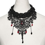 Polyester lace metallic-alloy alloy-chain resin-beads resin-gemstones imitation-gemstones accessories neck-wear jewelry necklace choker adjustable lobster-clasp glamorous fetish fashion alt-fashion alternative goth gothic elegant costume cosplay halloween halloween-accessories afterdark-collection female femme feminine womens black-red