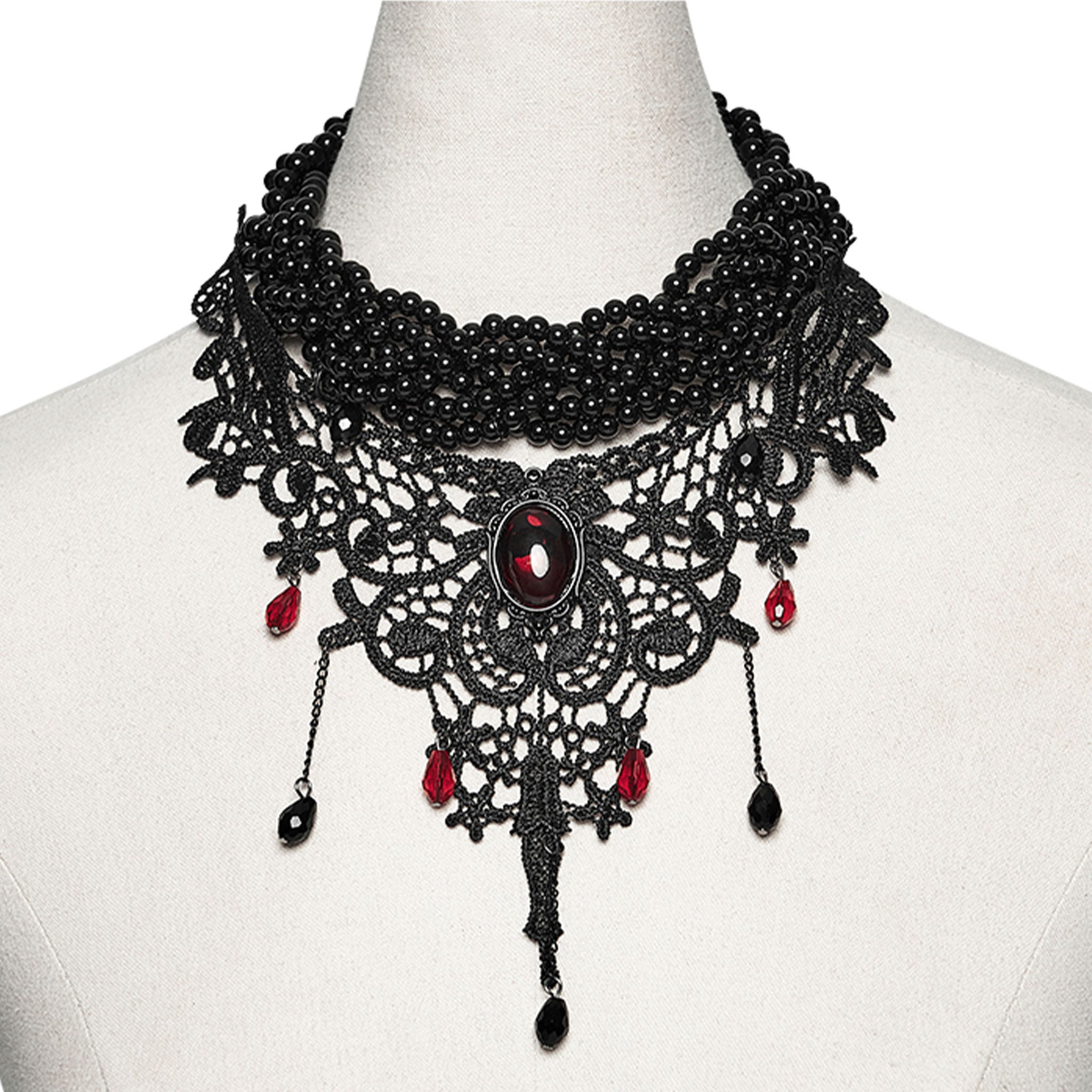 Polyester lace metallic-alloy alloy-chain resin-beads resin-gemstones imitation-gemstones accessories neck-wear jewelry necklace choker adjustable lobster-clasp glamorous fetish fashion alt-fashion alternative goth gothic elegant costume cosplay halloween halloween-accessories afterdark-collection female femme feminine womens black-red