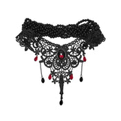 Polyester lace metallic-alloy alloy-chain resin-beads resin-gemstones imitation-gemstones accessories neck-wear jewelry necklace choker adjustable lobster-clasp glamorous fetish fashion alt-fashion alternative goth gothic elegant costume cosplay halloween halloween-accessories afterdark-collection female femme feminine womens black-red