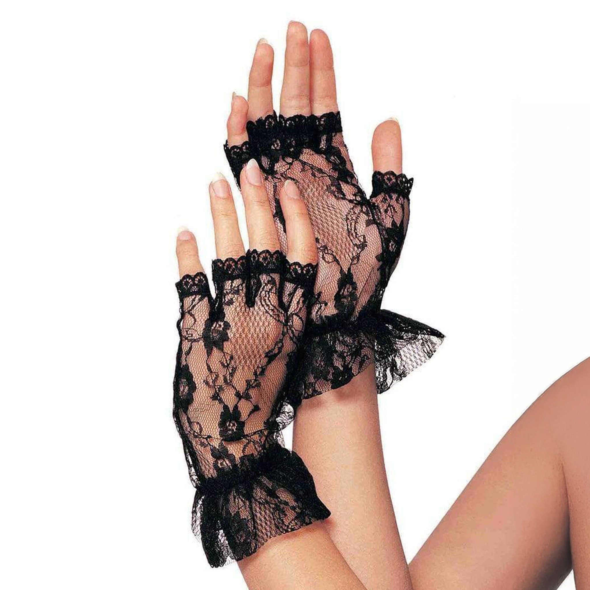 Polyester lace floral-lace floral-pattern accessories gloves fingerless-gloves ruffles wrist-gloves wrist-length fetish fashion alt-fashion punk goth gothic goth-doll gothic-lolita lolita loli dark-fashion costume cosplay halloween halloween-accessories 80s madonna victorian vampire female femme feminine womens black