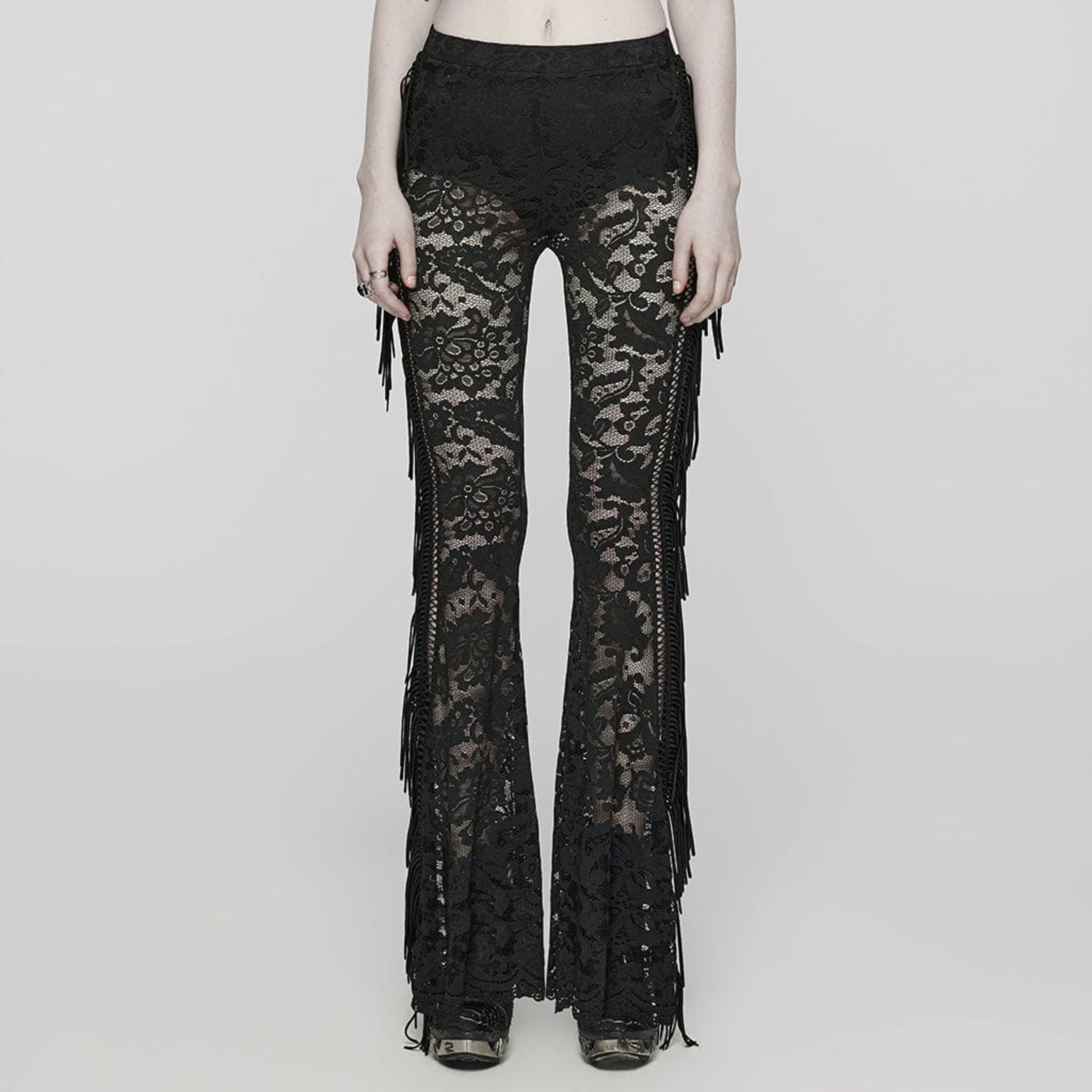 lace flare gothic pants black floral lace bell bottoms with fringe tassels ruffled hem gothic fashion fetish factory elegant lace pants
