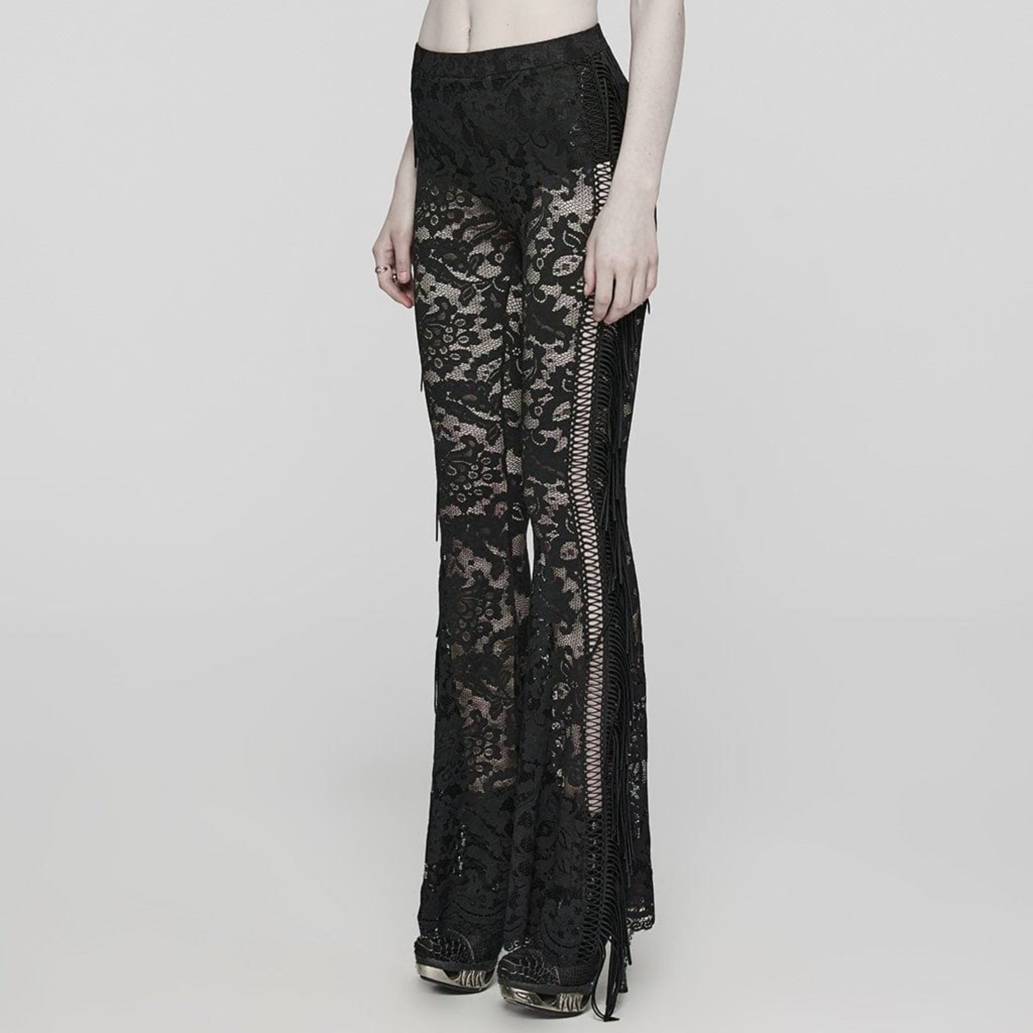 lace flare gothic pants black floral lace bell bottoms with fringe tassels ruffled hem gothic fashion fetish factory elegant lace pants