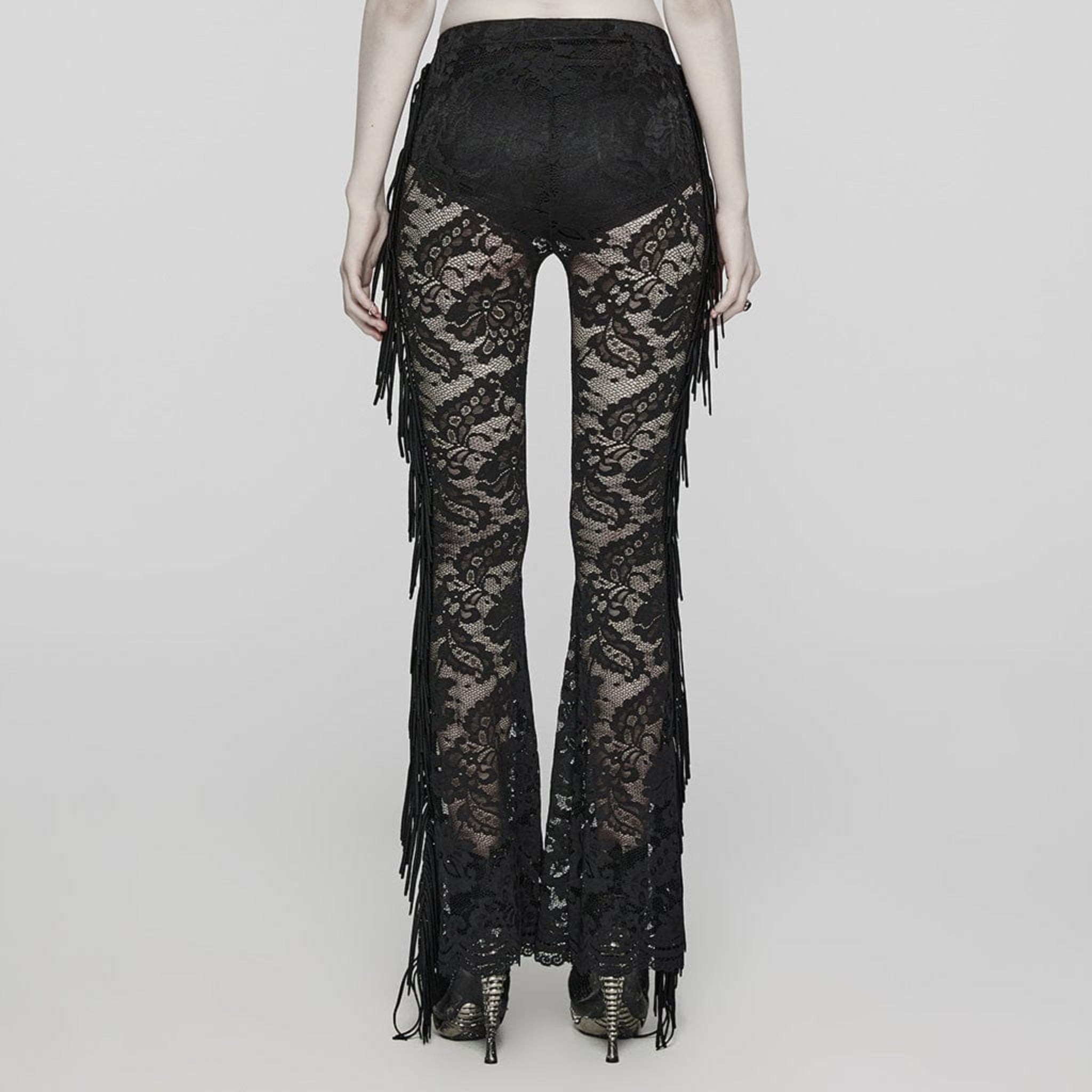 lace flare gothic pants black floral lace bell bottoms with fringe tassels ruffled hem gothic fashion fetish factory elegant lace pants