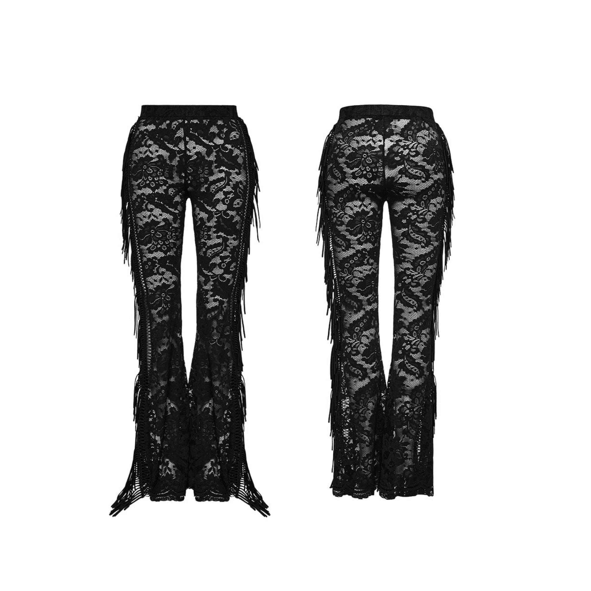lace flare gothic pants black floral lace bell bottoms with fringe tassels ruffled hem gothic fashion fetish factory elegant lace pants