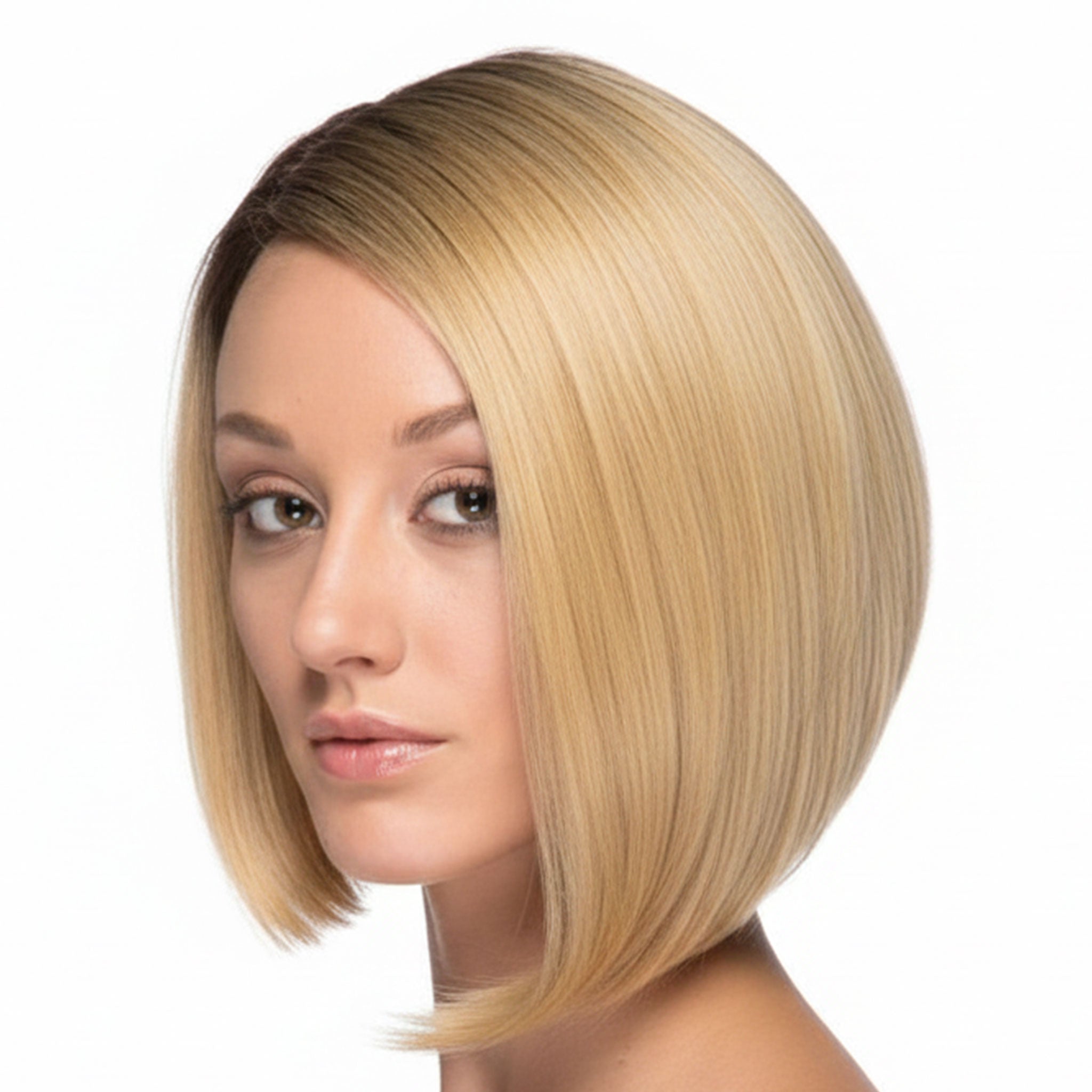 Synthetic synthetic-fiber heat-friendly accessories wig costume-wig lace-front bob bob-cut bob-wig short-wig c-part asymmetrical sultry smooth collected fetish fashion alt-fashion rave ravewear dancewear festivalwear bedroom clubwear costume cosplay halloween drag drag-queen unisex blonde brown gradient ombre