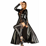 Polyester elastane polymer-coating wetlook gown dress maxi maxidress maxi-dress lace lace-insert long sleeve sleeves sleeved long-sleeve longsleeve wedge-shaped forearm interlocking buckle-clasp coverall cover-all fetish fashion elegant black