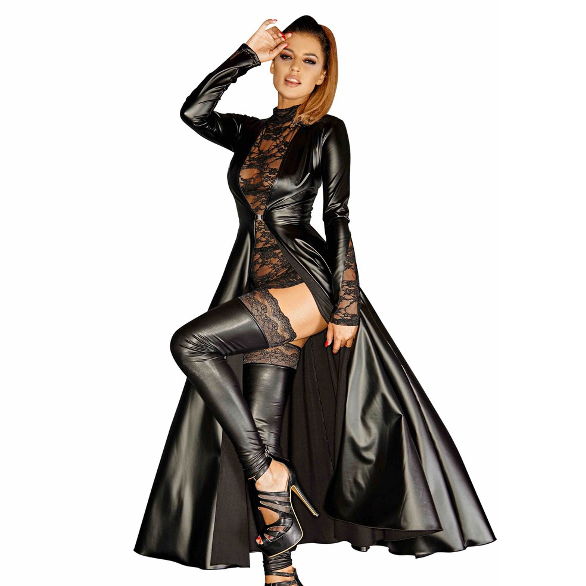Polyester elastane polymer-coating wetlook gown dress maxi maxidress maxi-dress lace lace-insert long sleeve sleeves sleeved long-sleeve longsleeve wedge-shaped forearm interlocking buckle-clasp coverall cover-all fetish fashion elegant black