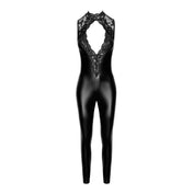 Wetlook power-wetlook jumpsuit catsuit sleeveless halter high collar open back lace elastic shoulders keyhole deep cleavage décolletage stretchy female femme feminine women elegance noir black