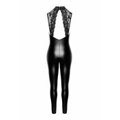 Wetlook power-wetlook jumpsuit catsuit sleeveless halter high collar open back lace elastic shoulders keyhole deep cleavage décolletage stretchy female femme feminine women elegance noir black
