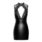 Wetlook power-wetlook lace mini dress mini-dress minidress keyhole décolletage cleavage plunging open-back high-collar neck sleeveless neckholder hook-and-eye edgy elegance sleek stretchy party noir black