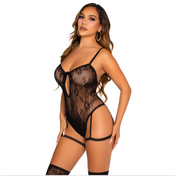 black lace garter bodysuit floral scallop tie front strappy back lingerie teddy O/S Fetish Factory