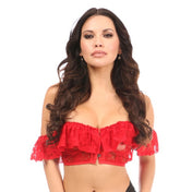 Lace sheer transparent satin nylon short sleeve short-sleeve sleeves sleeved shortsleeve crop-top croptop off-shoulder top bustier corset cincher underwire under-wire cups busk satin ribbon-lacing lacing lace-up laceup adjustable nickle-brass nickel-brass grommets sexy bodice-ripper romantic romance fantasy elegant female femme feminine women fetish fashion lingerie red