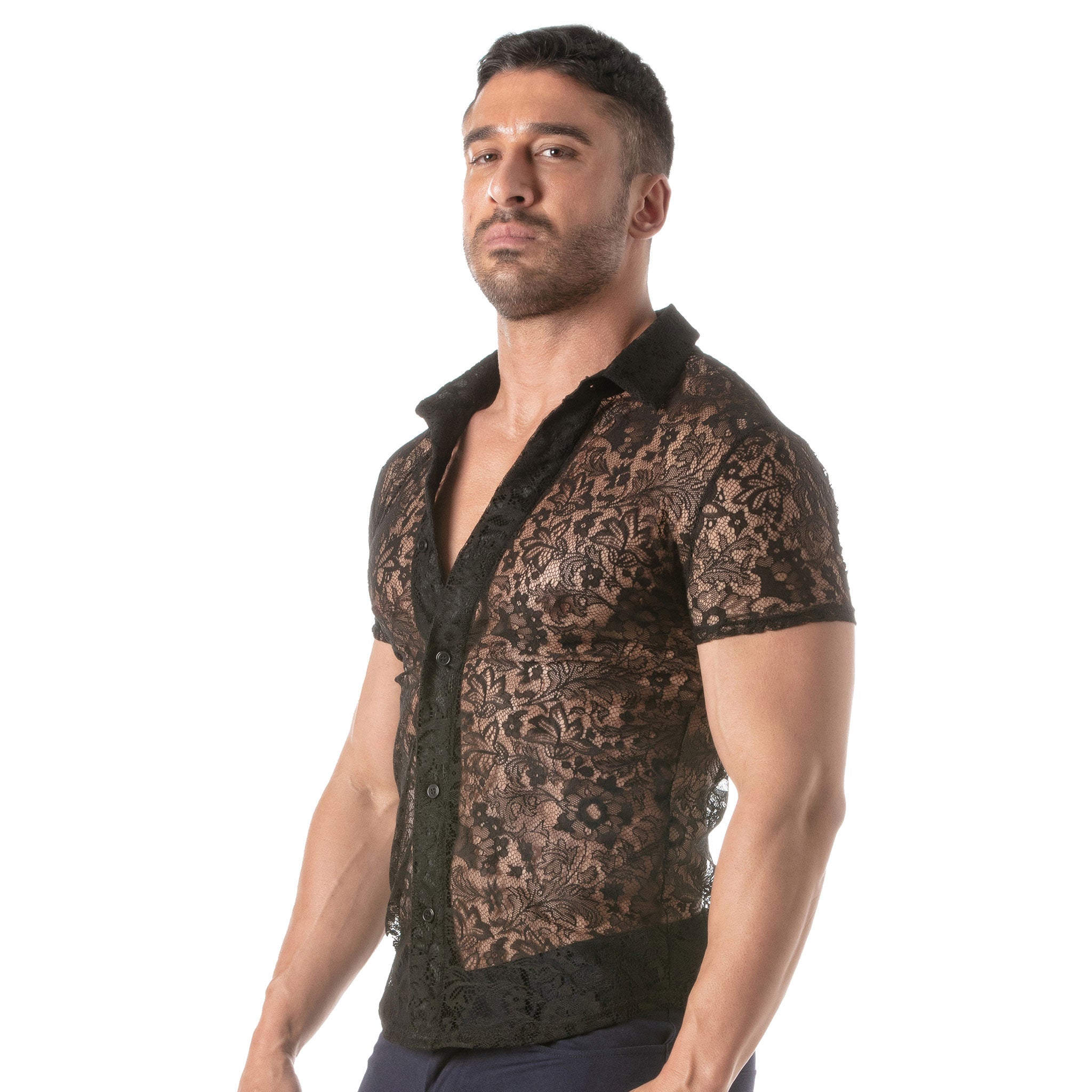 Polyester lace lacy floral semi-sheer sheer transparent tops shirt short-sleeve shortsleeve sleeves sleeved collar satin-lined Italian round-hem clean-seam stretchy soft soft-touch breathable breezy elegant luxury quality layering seasonal flexibility versatile versatility fashion stylish functional detailed intricate durable alluring sophisticated clubwear club-wear gay male masculine masc mens dudes guys menswear black