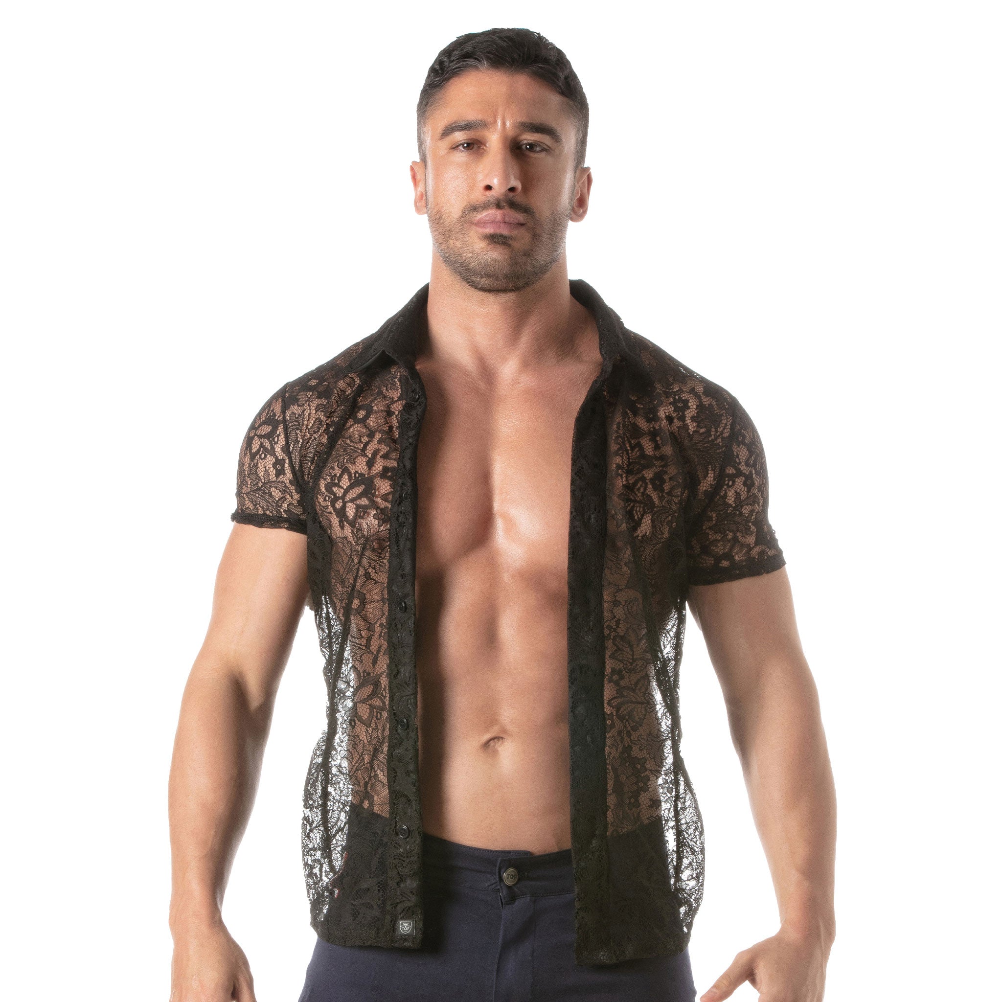 Polyester lace lacy floral semi-sheer sheer transparent tops shirt short-sleeve shortsleeve sleeves sleeved collar satin-lined Italian round-hem clean-seam stretchy soft soft-touch breathable breezy elegant luxury quality layering seasonal flexibility versatile versatility fashion stylish functional detailed intricate durable alluring sophisticated clubwear club-wear gay male masculine masc mens dudes guys menswear black