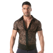 Polyester lace lacy floral semi-sheer sheer transparent tops shirt short-sleeve shortsleeve sleeves sleeved collar satin-lined Italian round-hem clean-seam stretchy soft soft-touch breathable breezy elegant luxury quality layering seasonal flexibility versatile versatility fashion stylish functional detailed intricate durable alluring sophisticated clubwear club-wear gay male masculine masc mens dudes guys menswear black