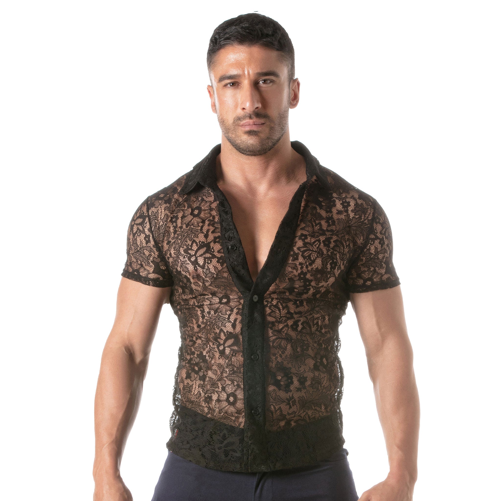 Polyester lace lacy floral semi-sheer sheer transparent tops shirt short-sleeve shortsleeve sleeves sleeved collar satin-lined Italian round-hem clean-seam stretchy soft soft-touch breathable breezy elegant luxury quality layering seasonal flexibility versatile versatility fashion stylish functional detailed intricate durable alluring sophisticated clubwear club-wear gay male masculine masc mens dudes guys menswear black
