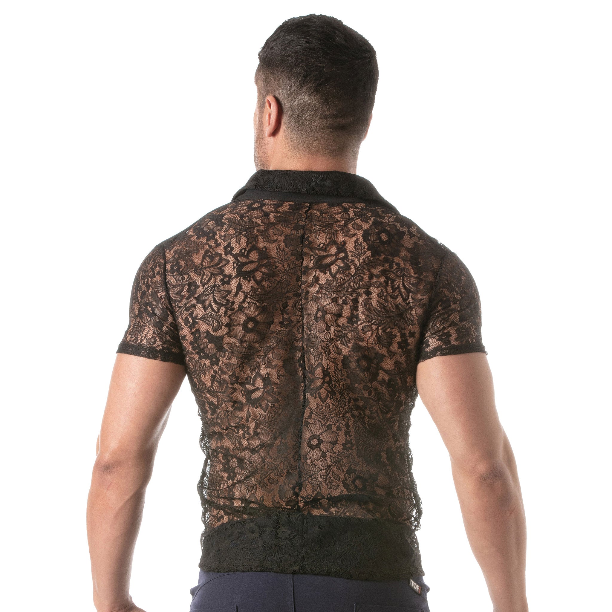 Polyester lace lacy floral semi-sheer sheer transparent tops shirt short-sleeve shortsleeve sleeves sleeved collar satin-lined Italian round-hem clean-seam stretchy soft soft-touch breathable breezy elegant luxury quality layering seasonal flexibility versatile versatility fashion stylish functional detailed intricate durable alluring sophisticated clubwear club-wear gay male masculine masc mens dudes guys menswear black