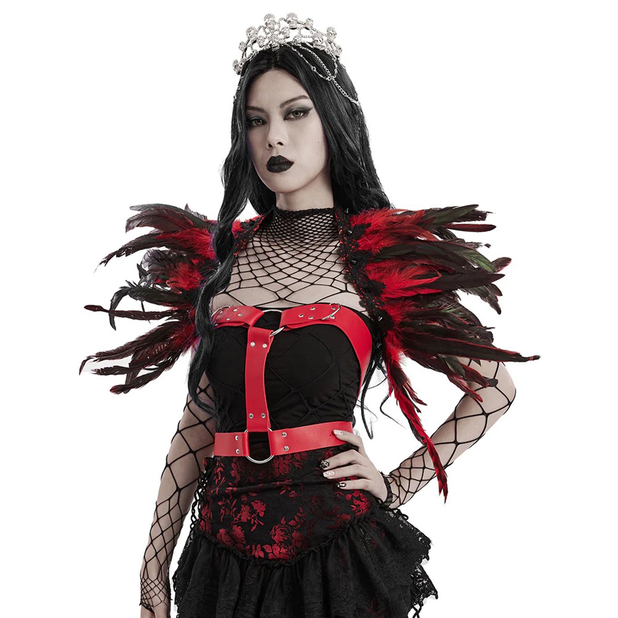 Feathers rooster-feathers polyester lace ribbon trim accessories cape shoulder-cape spike spikes spiked conical ornate fetish fashion alt-fashion dark-fashion rave ravewear costume cosplay raven-queen animal bird raven royalty queen female femme feminine womens iridescent red