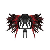 Feathers rooster-feathers polyester lace ribbon trim accessories cape shoulder-cape spike spikes spiked conical ornate fetish fashion alt-fashion dark-fashion rave ravewear costume cosplay raven-queen animal bird raven royalty queen female femme feminine womens iridescent red