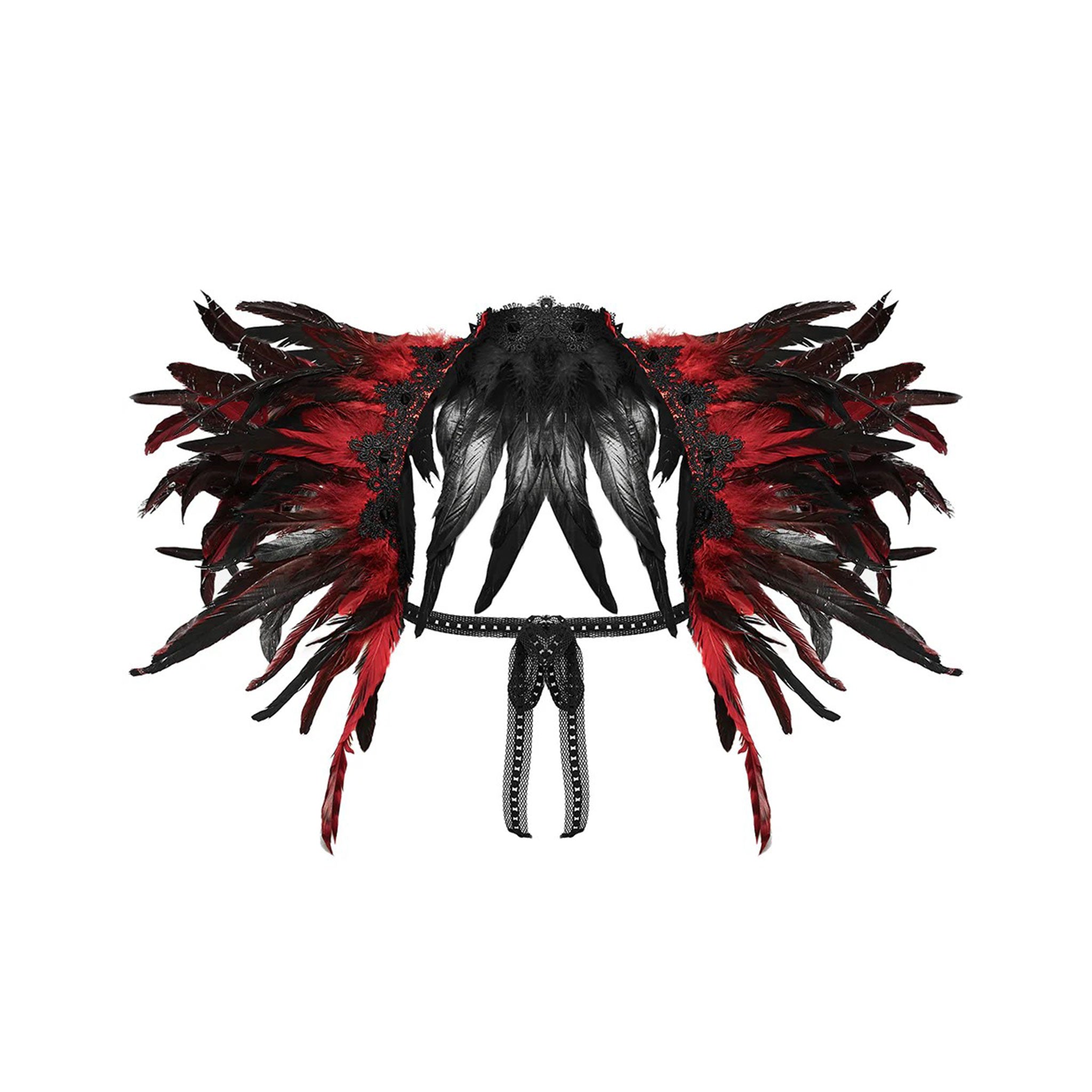 Feathers rooster-feathers polyester lace ribbon trim accessories cape shoulder-cape spike spikes spiked conical ornate fetish fashion alt-fashion dark-fashion rave ravewear costume cosplay raven-queen animal bird raven royalty queen female femme feminine womens iridescent red