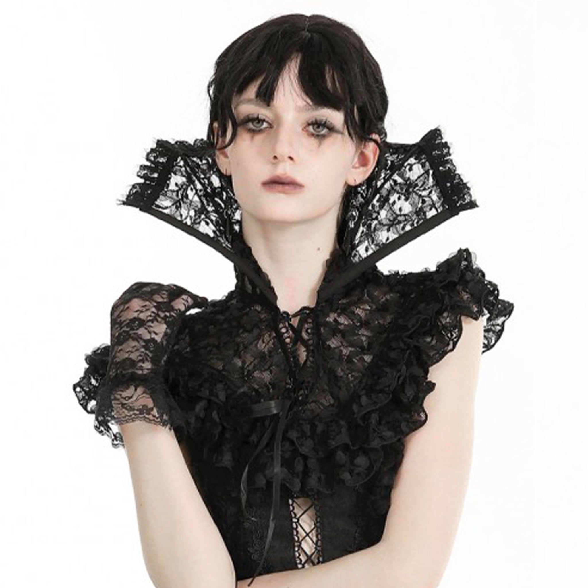 Nylon cotton lace sheer transparent accessories collar choker mantle stand-up adjustable lace-up satin-ribbon ruffles commanding couture intricate dramatic fashion alt-fashion goth gothic Victorian romantic loli lolita dark fantasy costumes cosplay larp halloween queen evil-queen masquerade female femme feminine womens black