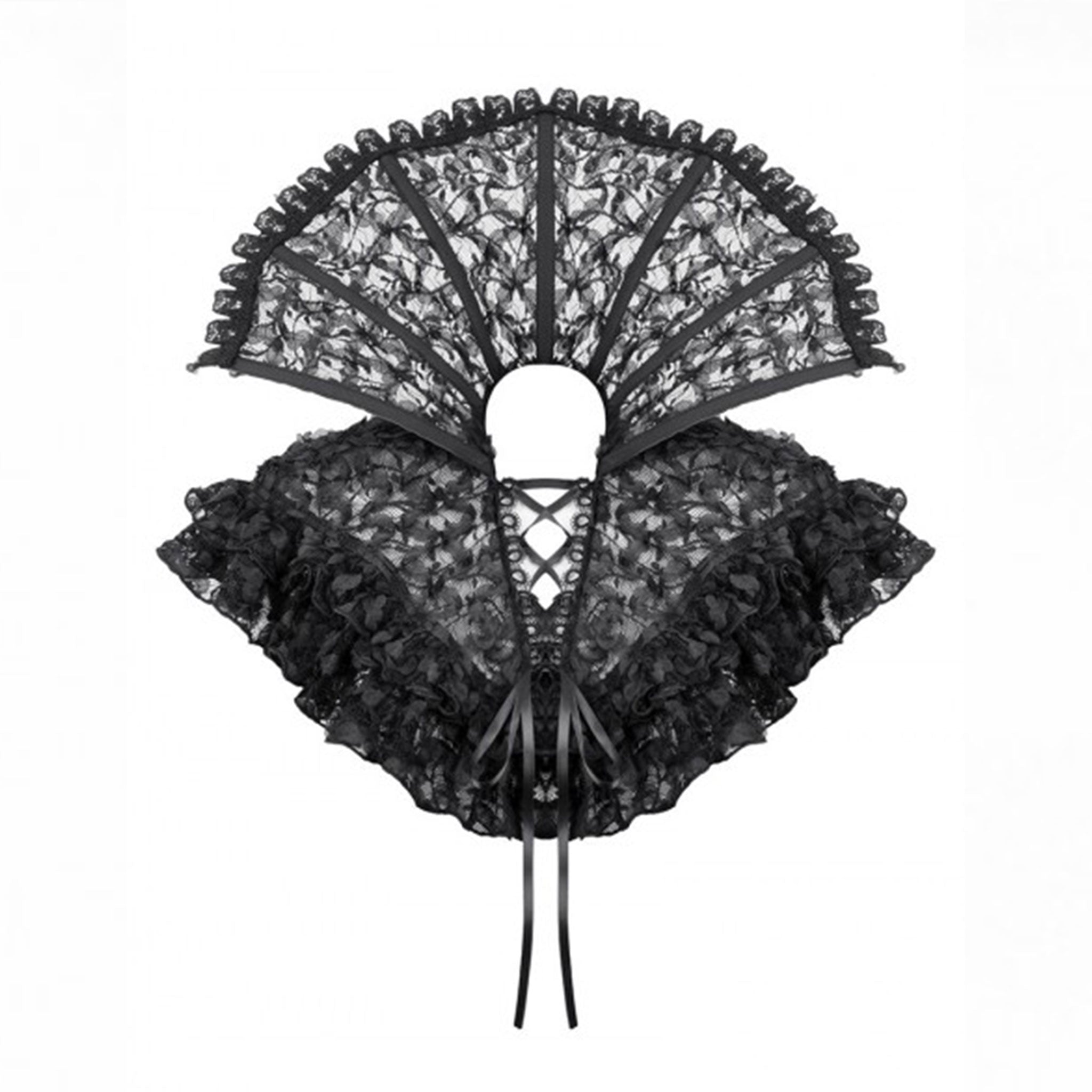 Nylon cotton lace sheer transparent accessories collar choker mantle stand-up adjustable lace-up satin-ribbon ruffles commanding couture intricate dramatic fashion alt-fashion goth gothic Victorian romantic loli lolita dark fantasy costumes cosplay larp halloween queen evil-queen masquerade female femme feminine womens black