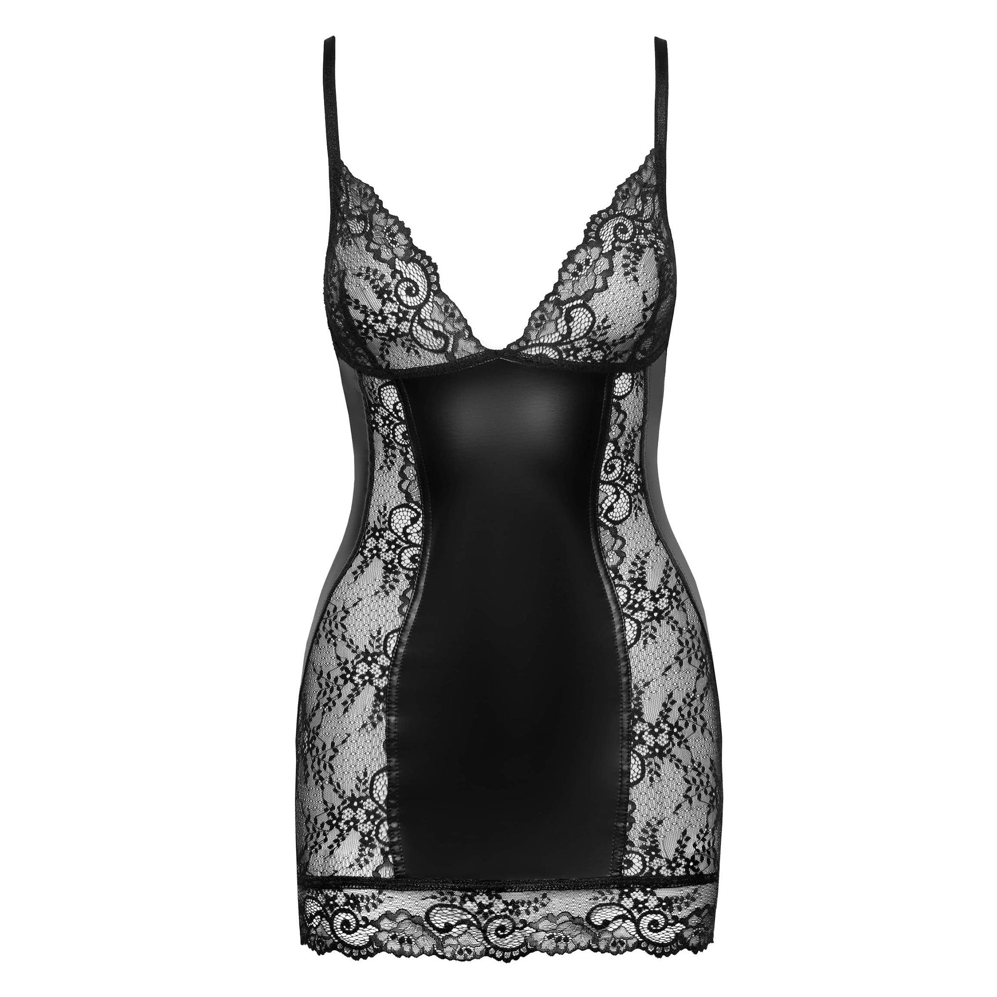 Polyamide elastane lycra polyester wetlook polymer-coating dress mini mini-dress minidress lace lacy lace-panels lace-insert lace-trim low-back front-zip half-zip zipper V-neck deep decollete spaghetti-straps adjustable sleeveless fetish fashion stretchy party sexy seductive black